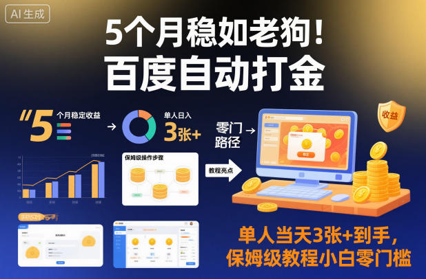 5个月稳如老狗！百度自动打金，单人当天3张+到手，保姆级教程小白零门槛【揭秘】-课程网