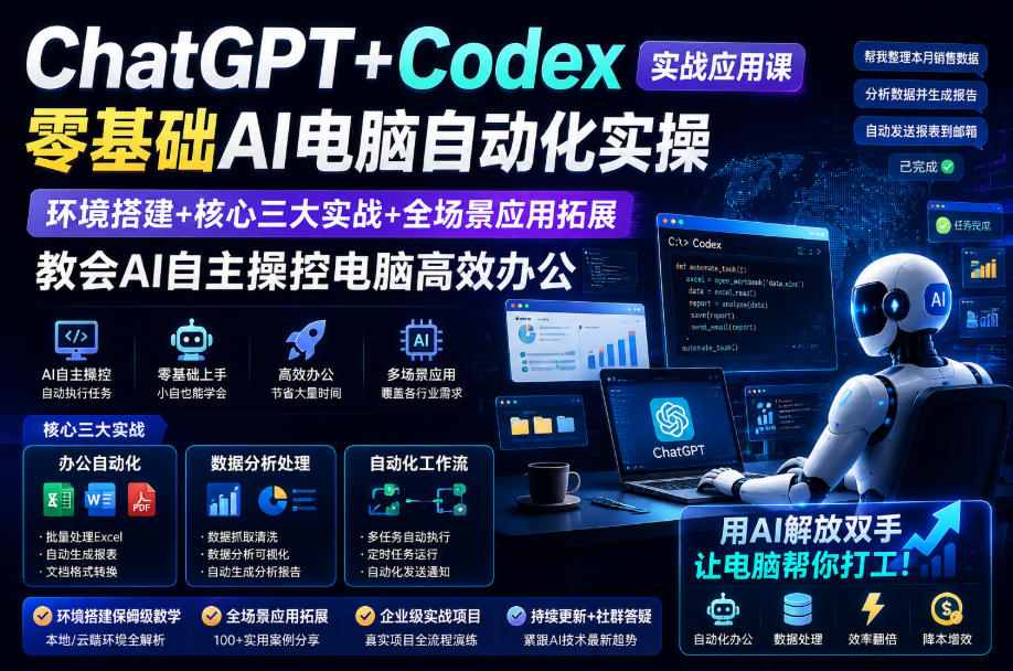 ChatGPT+Codex实战应用课｜零基础AI电脑自动化实操，环境搭建+核心三大实战+全场景应用拓展，教会AI自主操控电脑高效办公-课程网