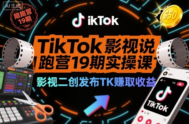 TikTok影视解说陪跑营19期实操课，影视二创发布TK賺取收益，万播收益50美金-课程网