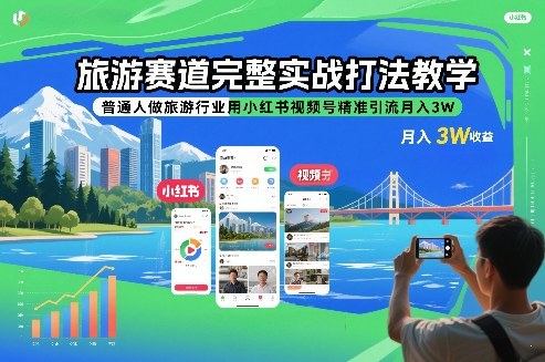 旅游赛道完整实战打法教学，普通人做旅游行业用小红书视频号精准引流月入3W-课程网