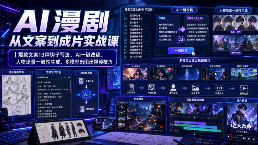 AI漫剧从文案到成片实战课｜爆款文案13种钩子写法、AI一键改稿、人物场景一致性生成、多模型出图出视频技巧-课程网