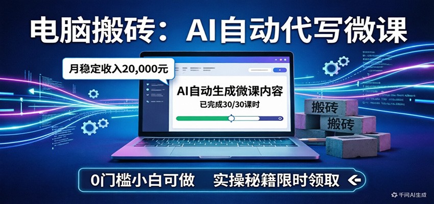 电脑搬砖AI自动代写微课，月稳定2W，0门槛小白可做，实操秘籍-课程网