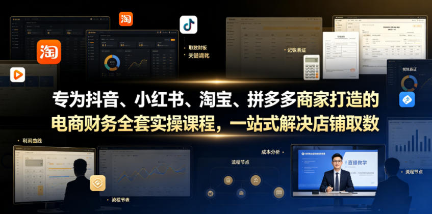 专为抖音、小红书、淘宝、拼多多商家打造的电商财务全套实操课程，一站式解决店铺取数、记账、报税全流程难题-课程网