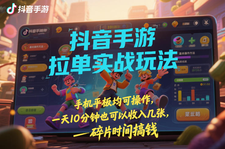 抖音手游拉单实战玩法，手机平板均可操作，一天10分钟也可以收入几张，碎片时间搞钱【揭秘】-课程网