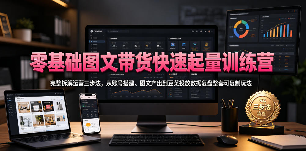 零基础图文带货快速起量训练营，完整拆解运营三步法，从账号搭建、图文产出到豆荚投放数据复盘整套可复制玩法-课程网