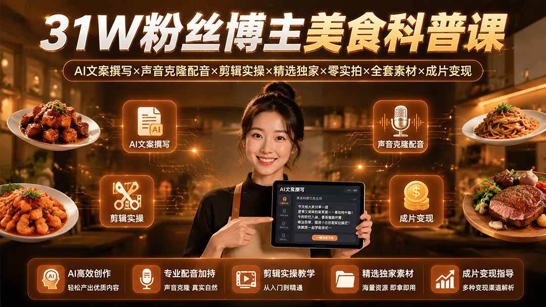 （19558期）31W粉丝博主美食科普课：AI文案撰写×声音克隆配音×剪辑实操×精选独家×零实拍×全套素材×成片变现-课程网