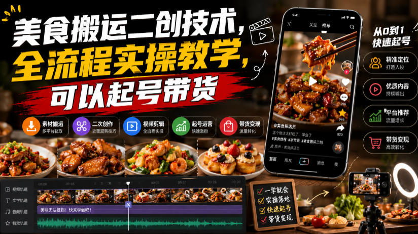 美食搬运二创技术，全流程实操教学，可以起号带货-课程网