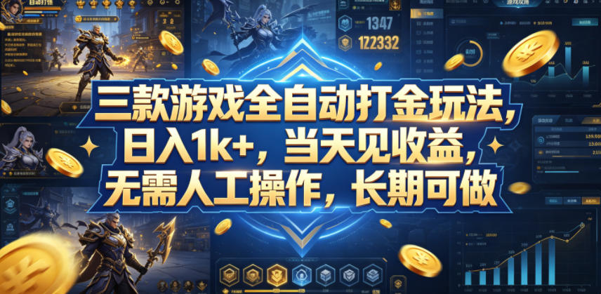 三款游戏全自动打金玩法，日入1k+，当天见收益，无需人工操作，长期可做【揭秘】-课程网