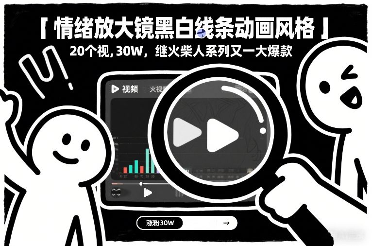 情绪放大镜黑白线条动画风格，20个视频，涨粉30W，继火柴人系列又一大爆款-课程网