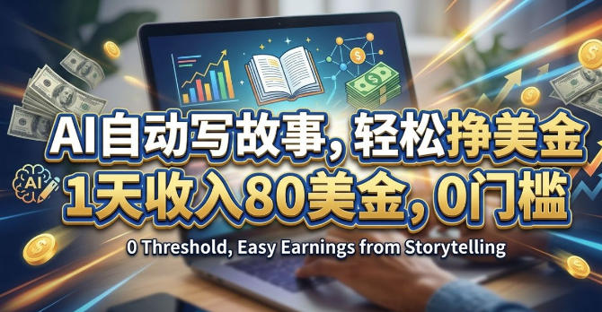 AI自动写故事，轻松挣美刀，1天收入80刀，0门槛-课程网