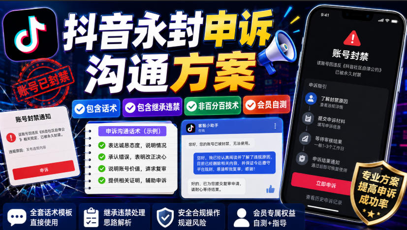 抖音永封申诉沟通方案，包含话术，包含继承违禁，非百分百技术，会员自测-课程网