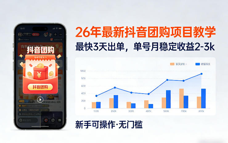 26年最新抖音团购项目教学，0门槛，最快3天出单，单号月稳定收益2-3k（更新3月19日）-课程网