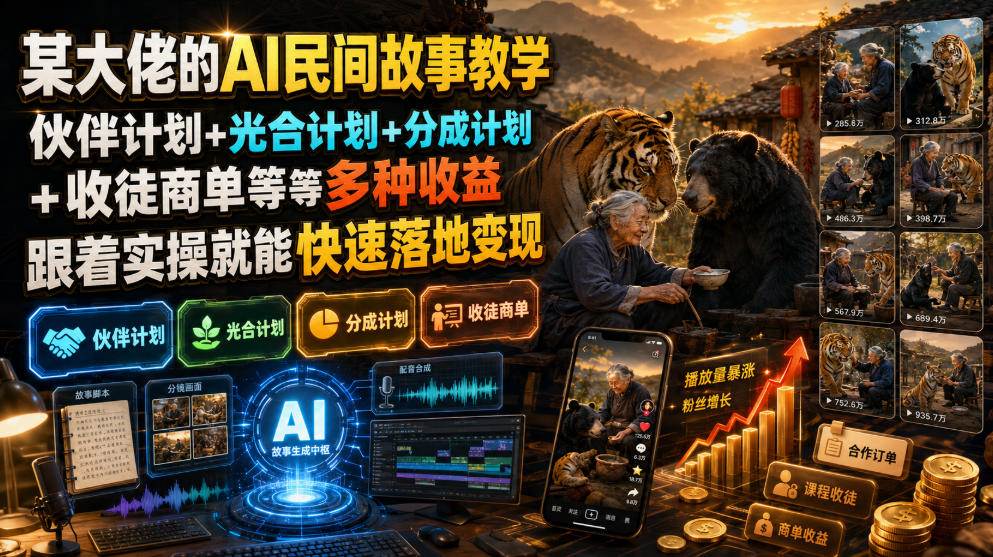 （19360期）某大佬的AI民间故事教学，伙伴计划+光合计划+分成计划+收徒商单等多种收益，跟着实操就能快速落地变现-课程网