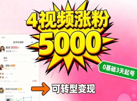 小红书暴力起号方法，四个视频涨粉5000，起号后可转型，操作简单，对小白友好-课程网