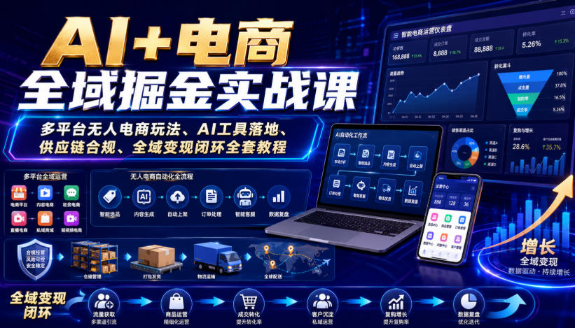 AI+电商全域掘金实战课｜多平台无人电商玩法、AI工具落地、供应链合规、全域变现闭环全套教程-课程网