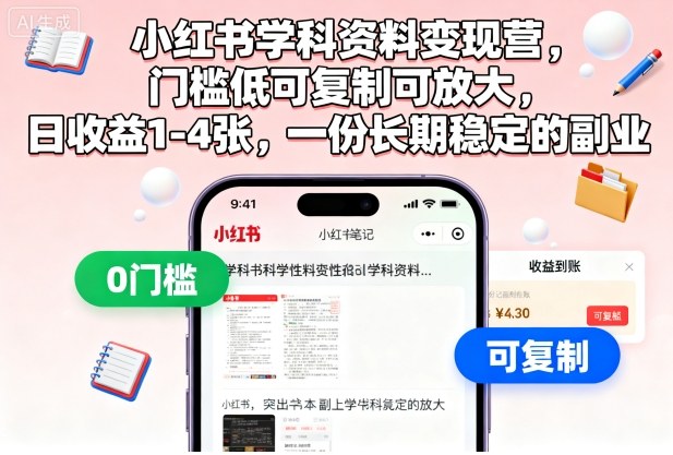 小红书学科资料变现营，门槛低可复制可放大，日收益1-4张，一份长期稳定的副业-课程网