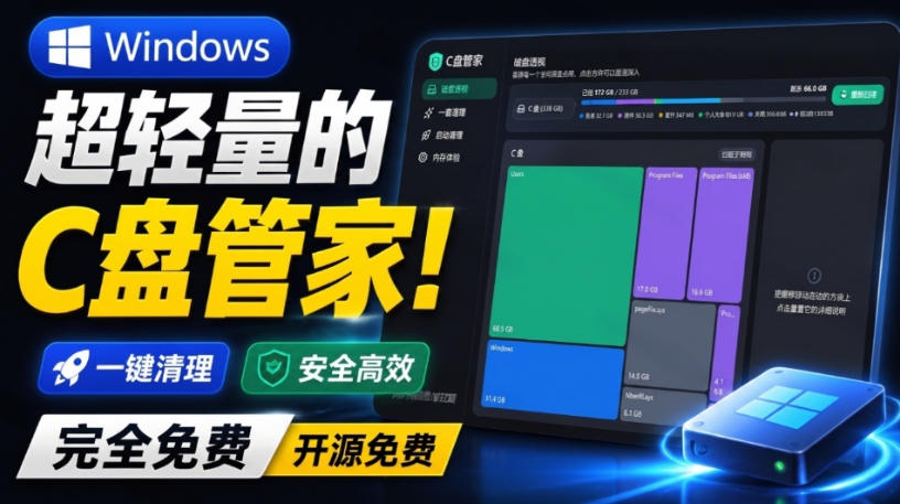 Windows超轻量的C盘管家！超级有特点，支持磁盘分析及清理提醒，2M大小体积，完全免费C盘管家-课程网