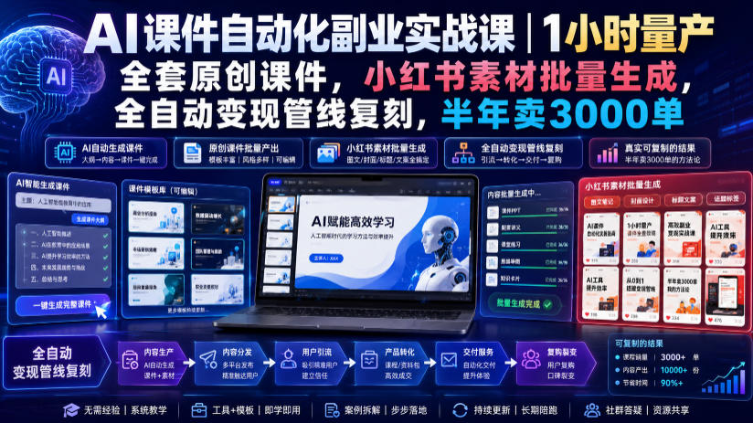 AI课件自动化副业实战课｜1小时量产全套原创课件，小红书素材批量生成，全自动变现管线复刻，半年卖3000单-课程网