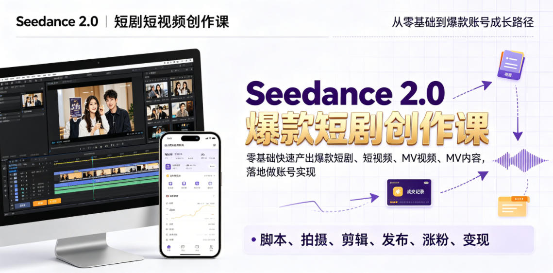 Seedance 2.0短剧短视频创作课，零基础快速产出爆款短剧、短视频、MV内容，落地做账号实现变现-课程网