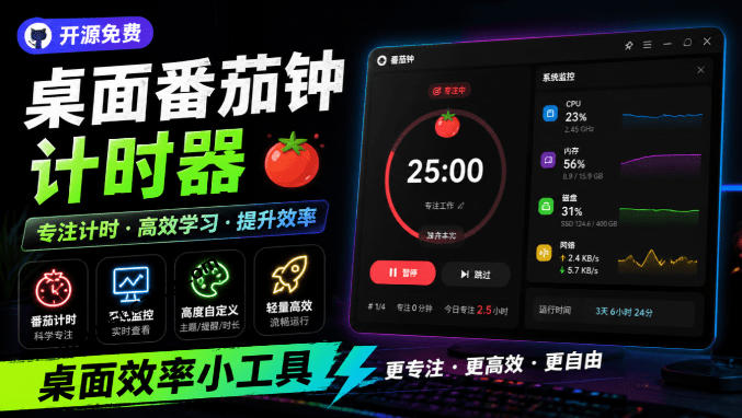 仅1.16MB，开源极简的桌面时钟、番茄钟计时器，还支持系统监控显示，桌面效率小工具Catime-课程网