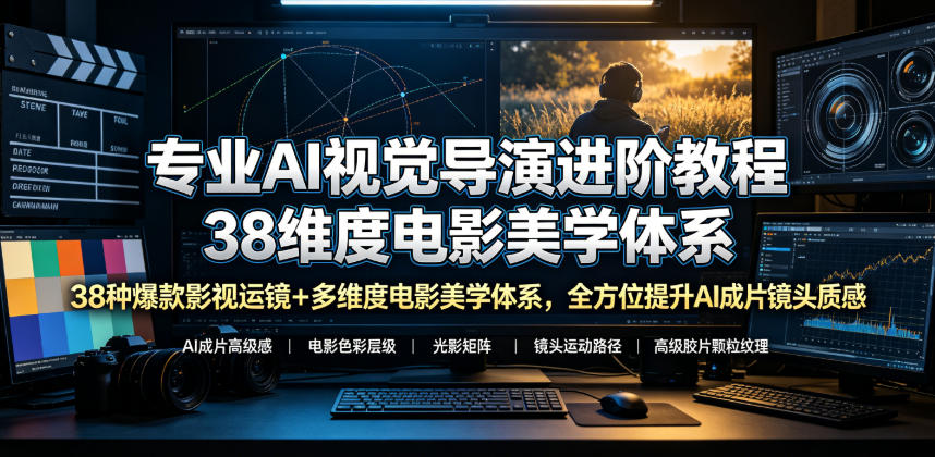 专业AI视觉导演进阶教程，38种爆款影视运镜+多维度电影美学体系，全方位提升AI成片高级感与镜头质感-课程网