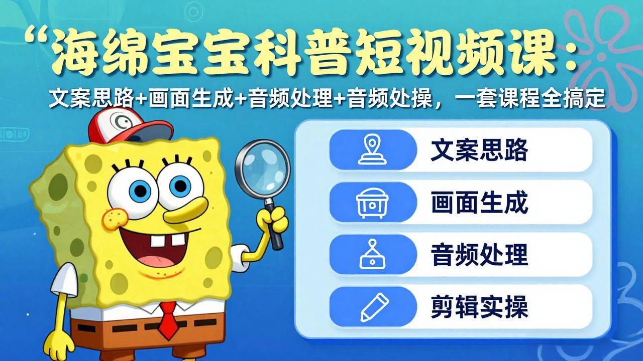 海绵宝宝科普短视频课：文案思路+画面生成+音频处理+剪辑实操，一套课程全搞定-课程网