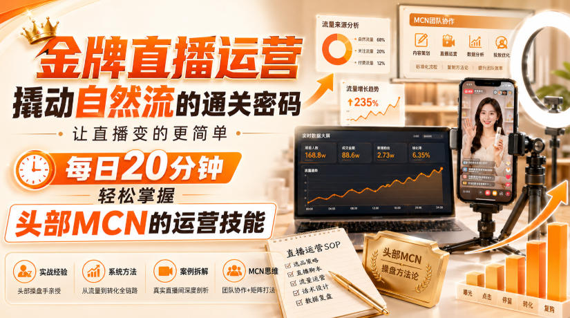 金牌直播运营撬动自然流的通关密码，让直播变的更简单，每日20分钟，轻松掌握头部MCN的运营技能-课程网