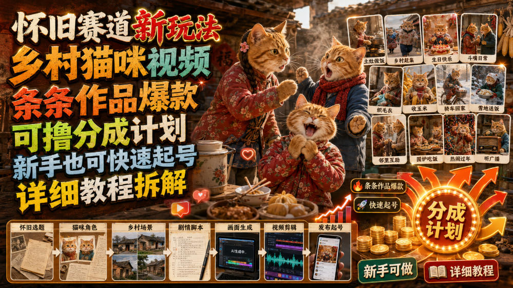 怀旧赛道新玩法，乡村猫咪视频，条条作品爆款，可撸分成计划，新手也可快速起号，详细教程拆解-课程网