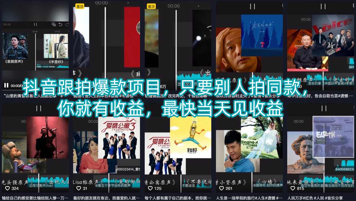抖音跟拍爆款项目，只要别人拍同款，你就有收益，最快当天见收益-课程网