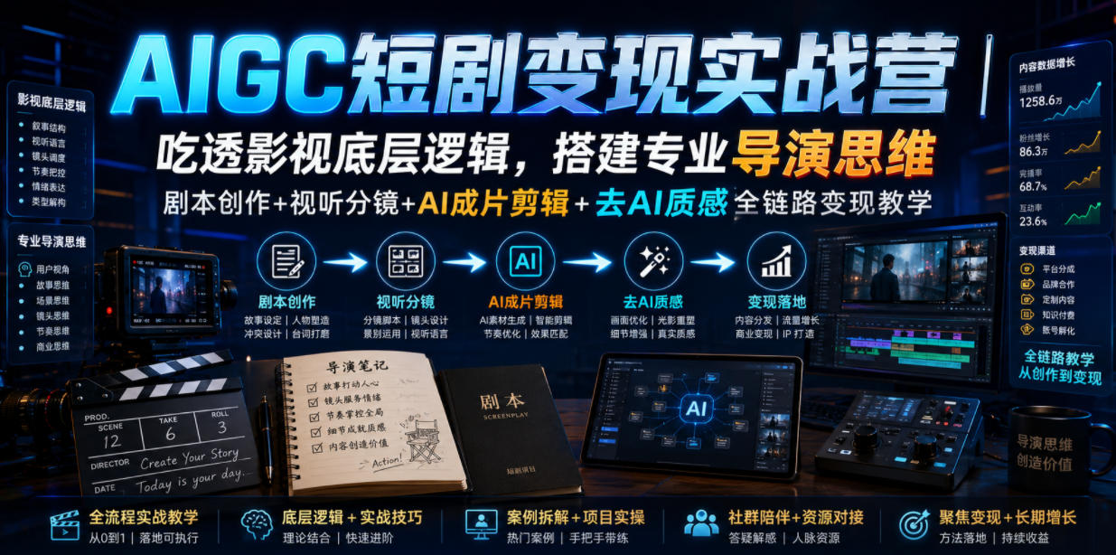 AIGC短剧变现实战营｜吃透影视底层逻辑，搭建专业导演思维，剧本创作+视听分镜+AI成片剪辑+去AI质感全链路变现教学-课程网