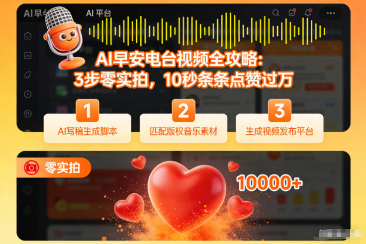 AI早安电台视频全攻略：3步零实拍，10秒条条点赞过万-课程网