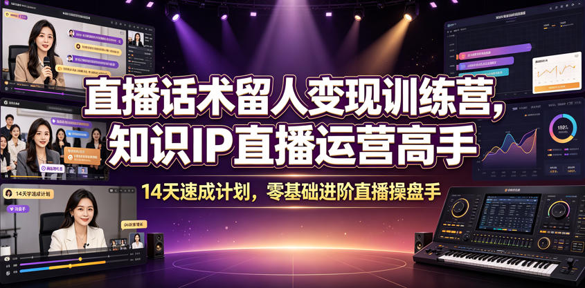 直播话术留人变现训练营，知识IP直播运营高手，14天速成计划，零基础进阶直播操盘手-课程网