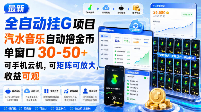最新全自动挂G项目，汽水音乐自动撸金币单窗口30-50+，可手机云机，可矩阵可放大，收益可观-课程网