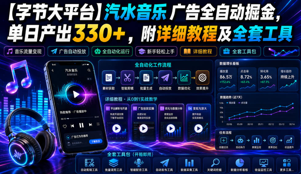 【字节大平台】汽水音乐广告全自动掘金，单日产出330+，附详细教程及全套工具【揭秘】-课程网