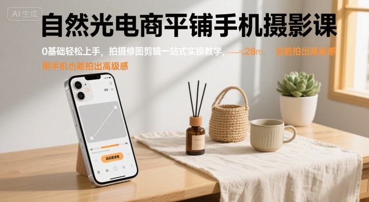 自然光电商平铺手机摄影课，0基础轻松上手，拍摄修图剪辑一站式实操教学，用手机也能拍出高级感-课程网