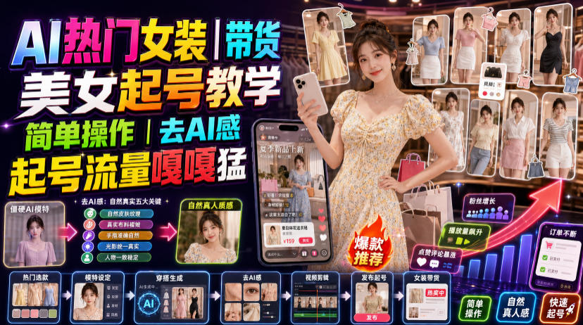 AI热门女装带货丨美女起号教学，简单操作，去AI感，起号流量嘎嘎猛-课程网