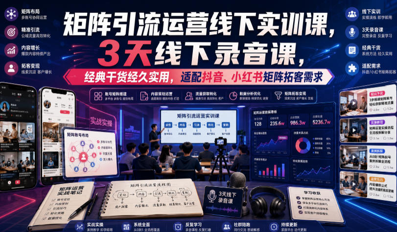 嗨推矩阵引流运营线下实训课，3天线下录音课，经典干货经久实用，适配抖音、小红书矩阵拓客需求-课程网