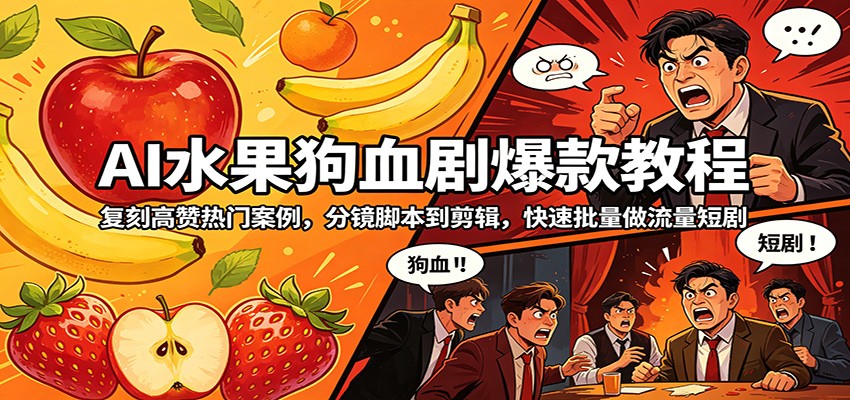 AI水果狗血剧爆款教程：复刻高赞热门案例，分镜脚本到剪辑，快速批量做流量短剧-课程网