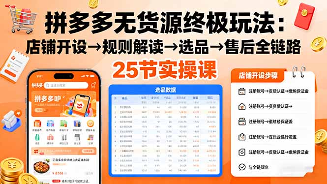 拼多多无货源终极玩法：店铺开设→规则解读→选品→售后全链路,25节实操课-课程网
