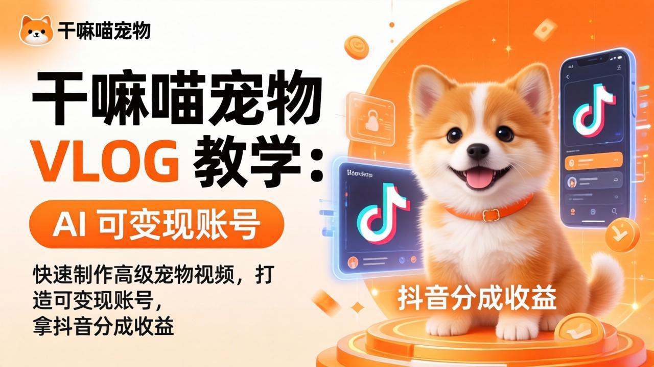 干嘛喵宠物 VLOG 教学：AI 快速制作高级宠物视频，打造可变现账号，拿抖音分成收益-课程网