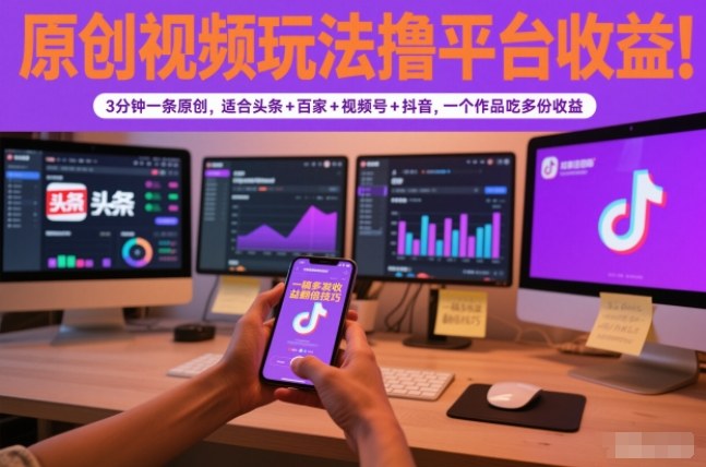 原创视频玩法撸平台收益，3分钟一条原创，适合头条+百家+视频号+抖音，一个作品吃多份收益-课程网