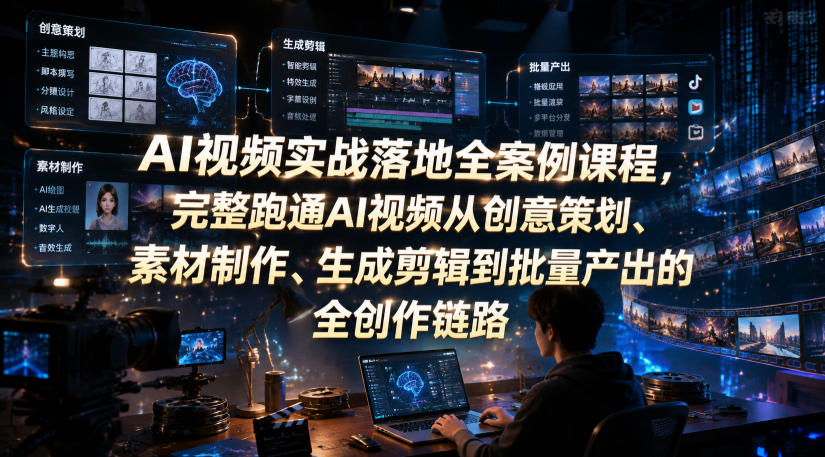 AI视频实战落地全案例课程，完整跑通AI视频从创意策划、素材制作、生成剪辑到批量产出的全创作链路-课程网