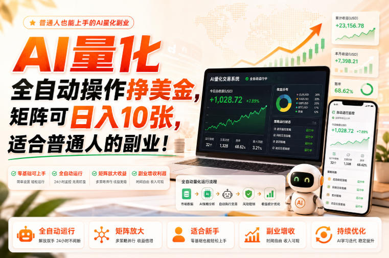 AI量化全自动操作挣美金，矩阵可日入10张，适合普通人的副业！【揭秘】-课程网
