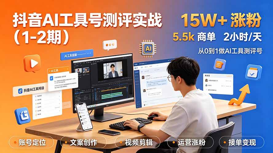 （19380期）抖音AI工具号测评实战（1-2期）：单号涨粉15W+×商单5.5k×伙伴计划×普通人可复制，每天2小时长期可持续-课程网