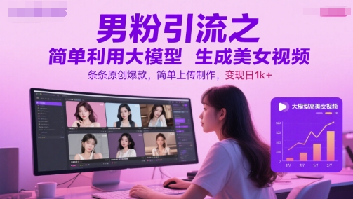 男粉引流之简单利用大模型生成美女视频，条条原创爆款，简单上传制作，变现日1k+-课程网