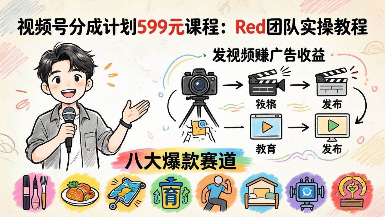 （18088期）视频号分成计划599元课程：Red团队实操教程，发视频赚广告收益，八大爆款赛道全掌握-课程网