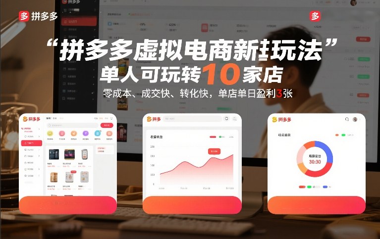 拼多多虚拟电商新玩法，单人可玩转10家店，零成本、成交快、转化快，单店单日盈利3张【揭秘】-课程网