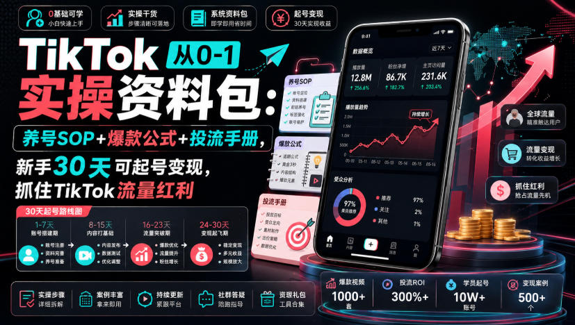 TikTok从0-1实操资料包：养号SOP+爆款公式+投流手册，新手30天可起号变现，抓住TikTok流量红利-课程网