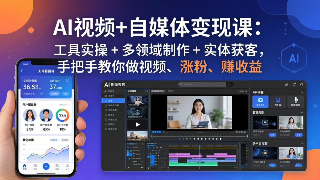 AI视频+自媒体变现课：工具实操 + 多领域制作 + 实体获客，手把手教你做视频、涨粉、赚收益-课程网