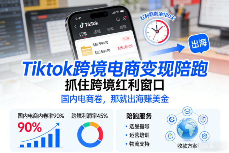 Tiktok跨境电商变现陪跑，抓住跨境红利窗口，国内电商卷，那就出海賺美金-课程网